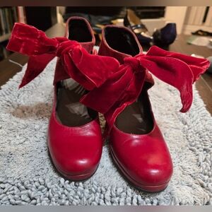 John Fluevog Red Velvet Bow Heels